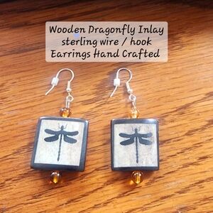 Dragonfly wooden inlay earrings on sterling hooks, hand crafted new long dangles